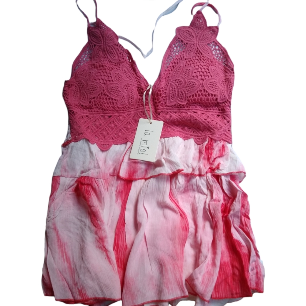 NWT Pink Red Crochet Tie Dye Adjustable Strap Summer Peplum Tank top